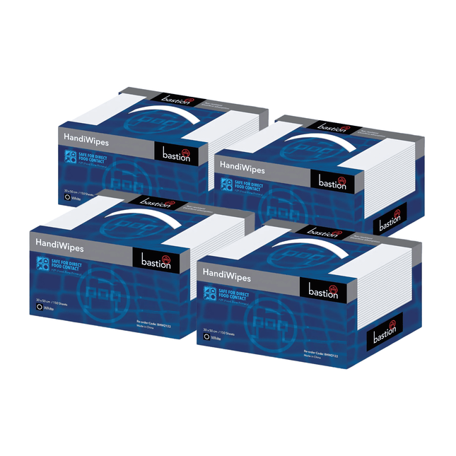 Bastion HandiWipes white dry wipes, disposable and food-safe, supplied in bulk cartons for efficient workplace use