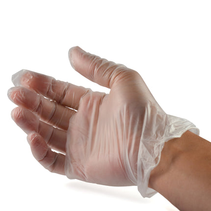 Hand wearing a clear powder-free latex glove on a white background