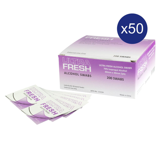 Ultra Fresh Hygiene Swabs 70% Isopropyl Alcohol & Chlorhexidine 2% - 2 ply Carton of 50