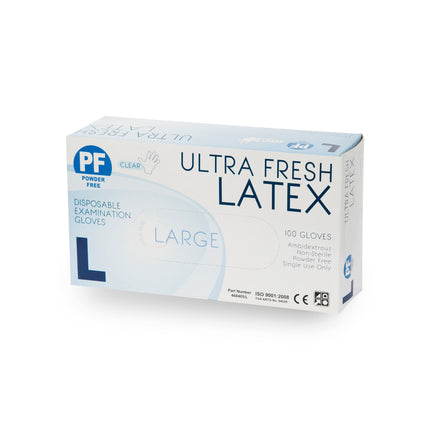 Ultra Fresh natural latex examination gloves in large size, clear and powder-free for reliable barrier protection