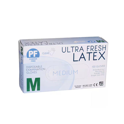 Ultra Fresh powder-free latex exam gloves in medium size, designed for comfort and everyday clinical use