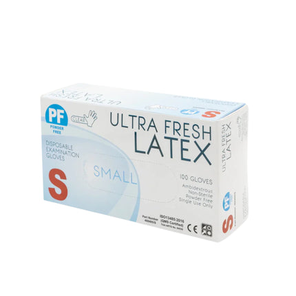 Ultra Fresh natural latex examination gloves in small size, clear and flexible for precise handling and protection