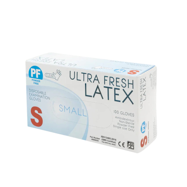 Ultra Fresh natural latex examination gloves in small size, clear and flexible for precise handling and protection