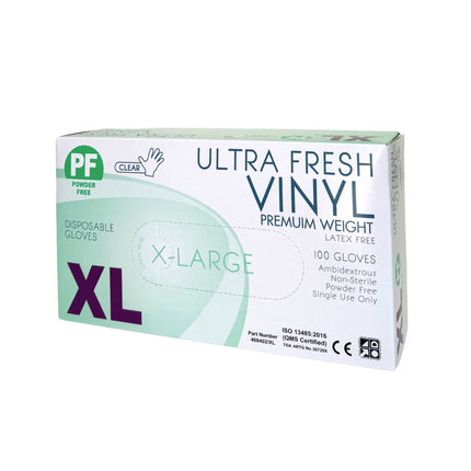 Box of Ultra Fresh Extra Vinyl Gloves in Extra Large size, powder-free and latex-free for comfortable food prep and cleaning tasks
