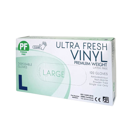 Box of Ultra Fresh Large size transparent vinyl gloves designed for lightweight protection in hospitality, aged care and general handling