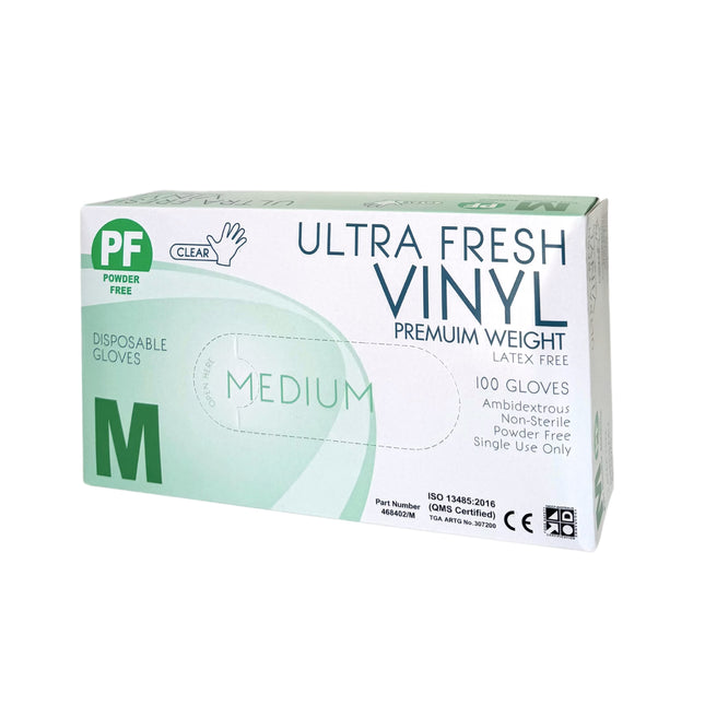 Box of Ultra Fresh Medium size clear vinyl examination gloves with smooth finish for short-term hygiene and low-risk procedures