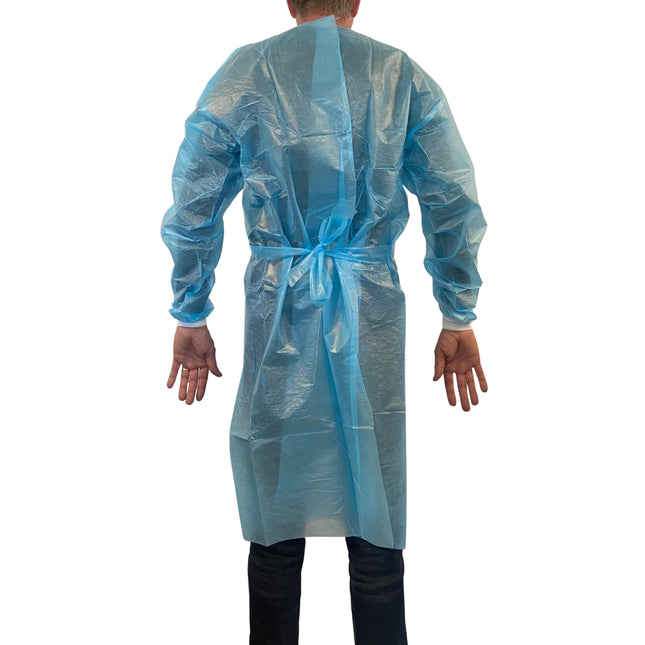 Ultra Health Isolation Gown PP/PE impervious blue knitted cuff, velcro neck - back tie