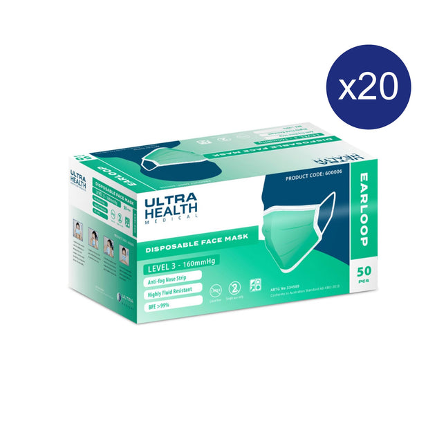 Ultra Health Level 3 Surgical Masks with Ear Loops Carton of 20