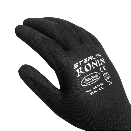 Close-up of Ultra Health Stealth Ronin nitrile work gloves showing textured palm coating and flexible fit for heavy-duty work