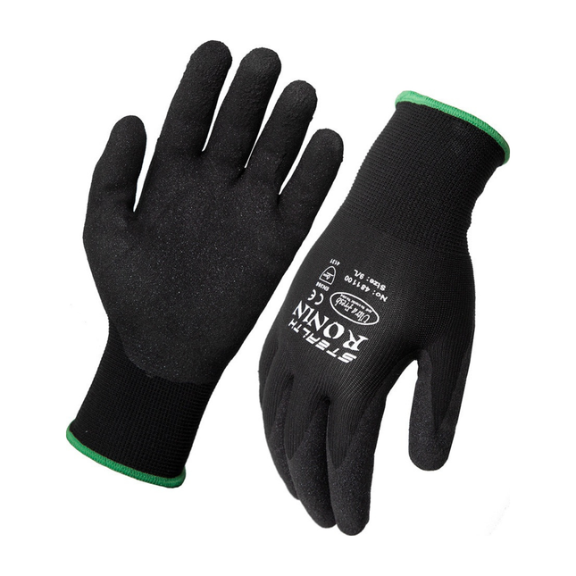 Pair of black Ultra Health Stealth Ronin work gloves with nitrile-coated palms for grip and durability in industrial tasks