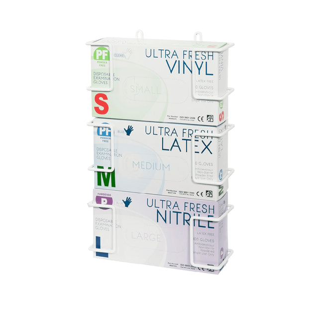 Ultra Health Triple tier glove box holder installed on wall with disposable glove boxes for easy access in medical and workplace settings