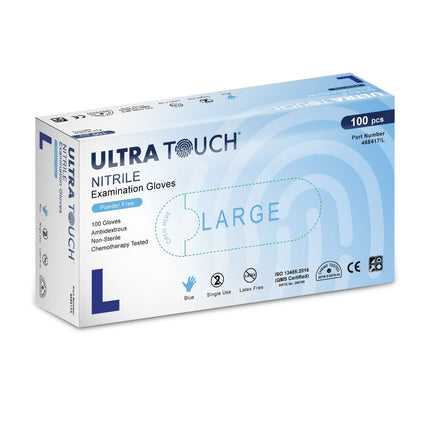 Box of Ultra Touch powder-free nitrile examination gloves in large size for healthcare, cleaning and food handling tasks