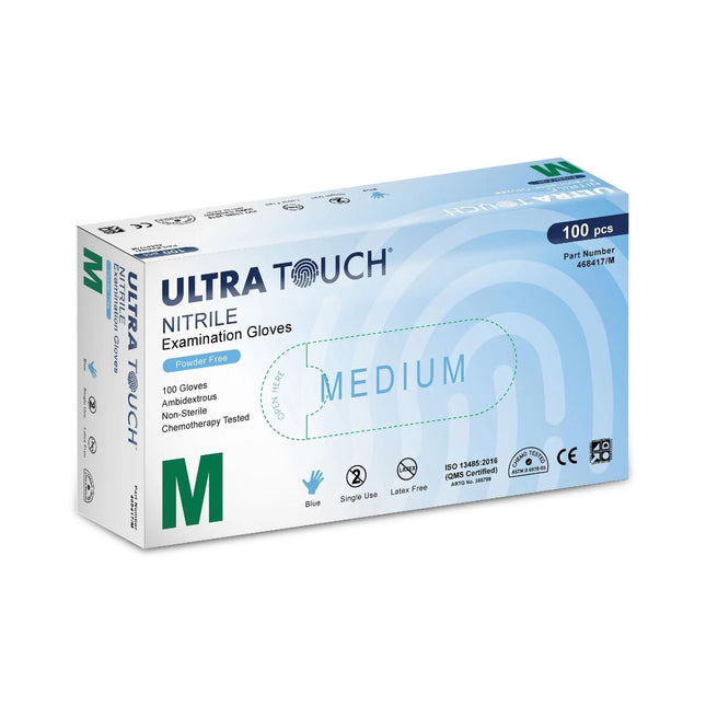 Ultra Touch blue nitrile disposable gloves in medium size, offering comfortable fit and barrier protection