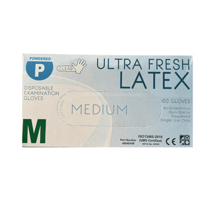 Medium Ultra Fresh powdered latex disposable gloves designed for clinical procedures and general hygiene use