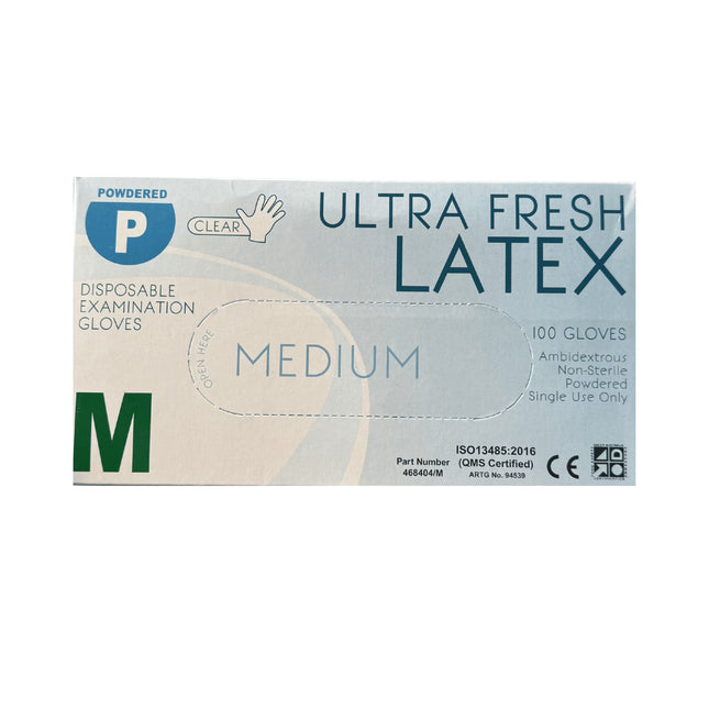 Medium Ultra Fresh powdered latex disposable gloves designed for clinical procedures and general hygiene use