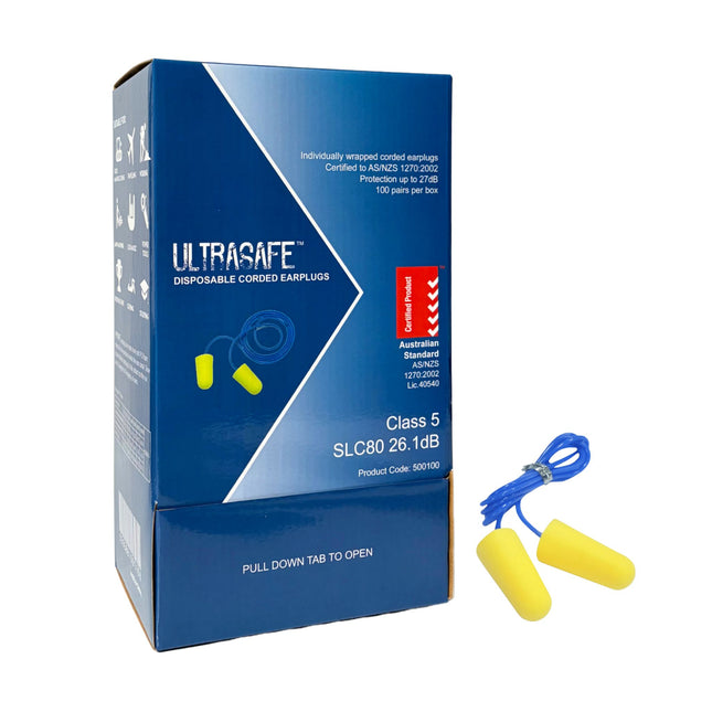 Ultrasafe Disposable Corded Earplugs - Class 5 - 100 Pairs