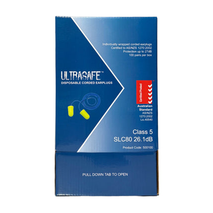 Ultrasafe Disposable Corded Earplugs - Class 5 - 100 Pairs Box