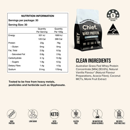 Chief Grass-fed Whey Protein Powder Creamy Vanilla Product Details