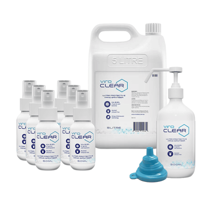 ViroCLEAR hand sanitiser bundle featuring 6 x 50ml spray bottles, 1 x 500ml pump bottle, 1 x 5L refill bottle, and a blue refill funnel