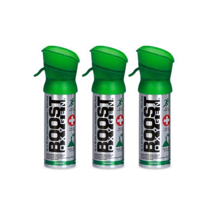 Boost Oxygen portable oxygen cannisters, pack of three, designed for easy breathing support with 95% pure oxygen in compact, travel-friendly bottles