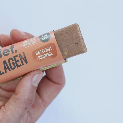 Chief Hazelnut Brownie Collagen Protein bar unwrapping video