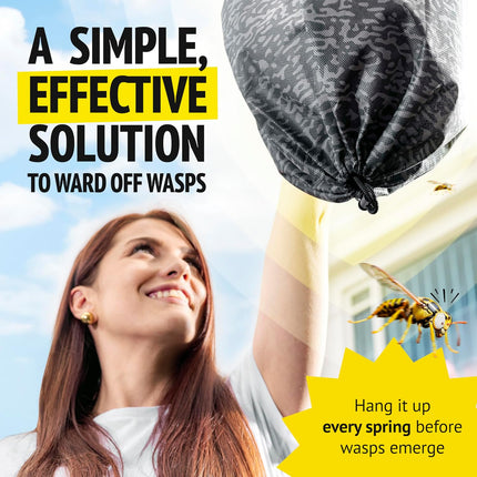 Woman holding a wasp deterrent with text about warding off wasps