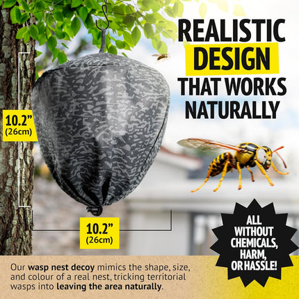 Wasp nest decoy with wasp illustration and text about its realistic design and benefits.