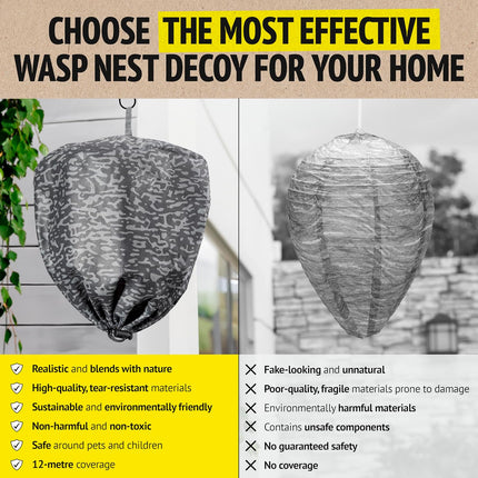 Wasp nest decoy with comparison chart on a yellow background