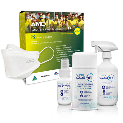 AMD P2 mask in white with ViroCLEAR hand sanitiser, fogger and disinfectant