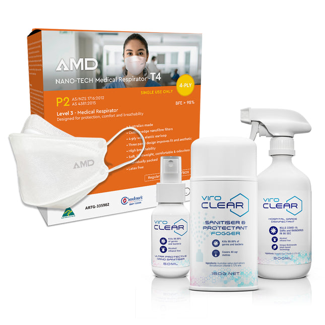 AMD P2 face mask with orange packaging + ViroCLEAR products
