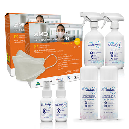 AMD 4-ply face mask in white colour and ViroCLEAR products bundle