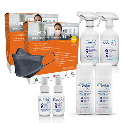 AMD face mask in charcoal blue with ViroCLEAR products bundle