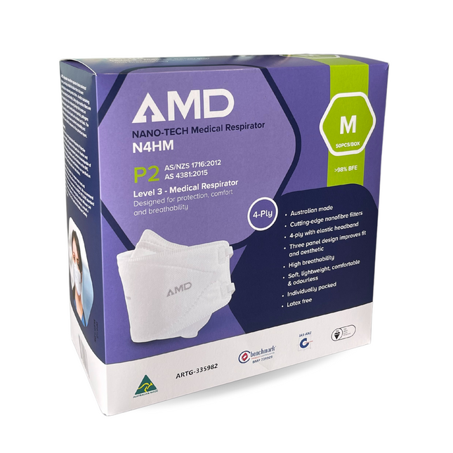 White AMD P2 masks box of 50 headband face masks in Medium size